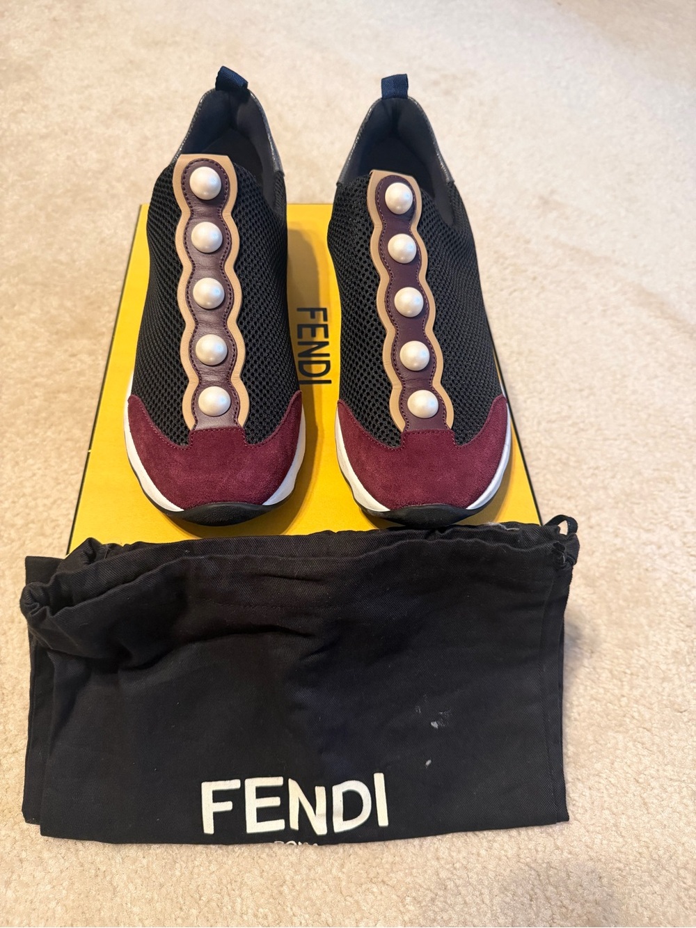 Fendi Black Burgundy Slip-On Athletic Sneakers with Pearl Accents